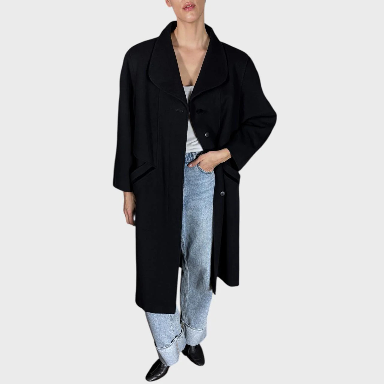 Vintage Black Wool Long Coat Elegant Overcoat, Size EU40/42 (US 8/10)