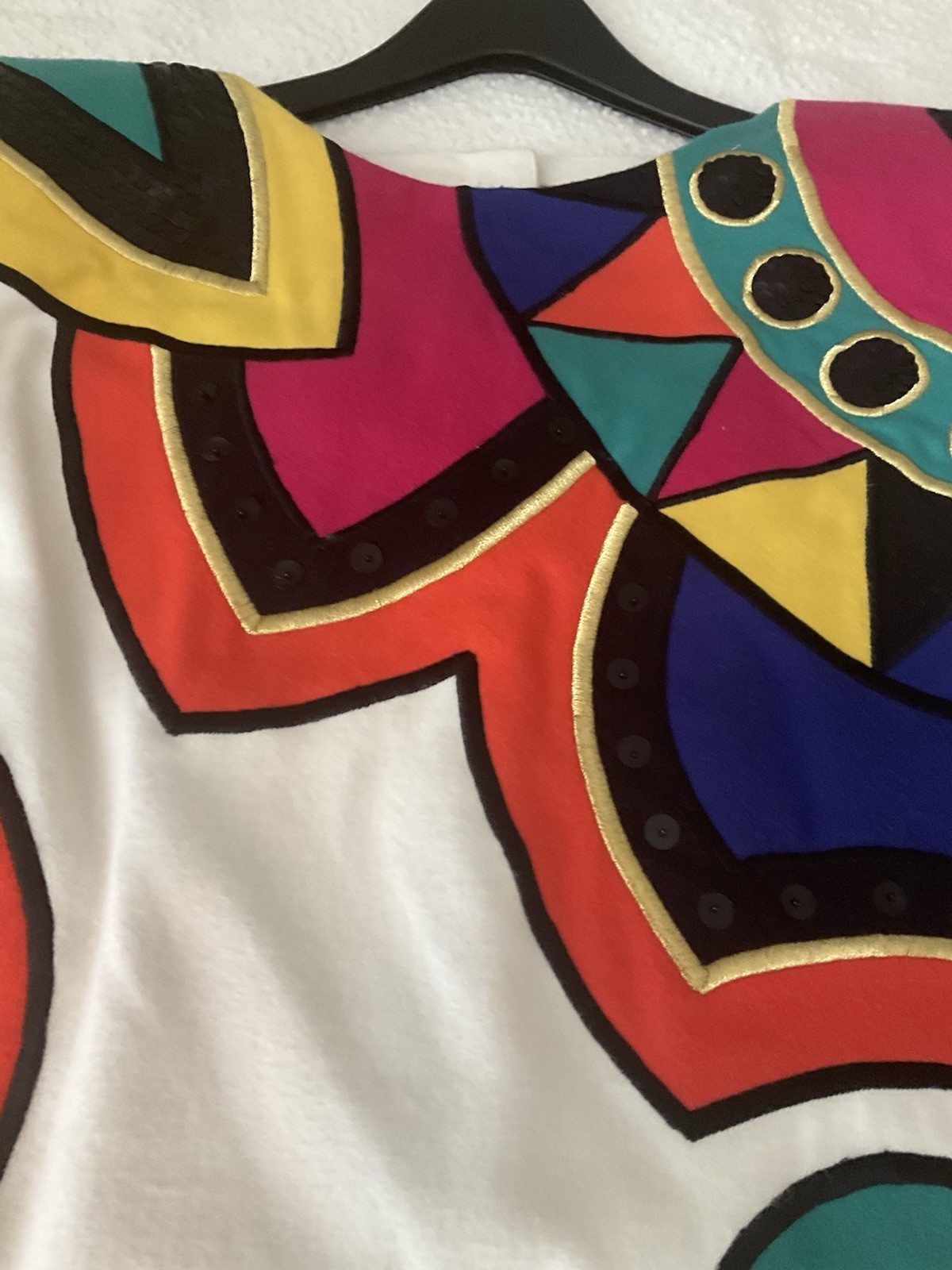 Vtg 80s IBE Colorblock Appliqué Sequin Shift Dress Sz 10 Cream Geometric Artwear