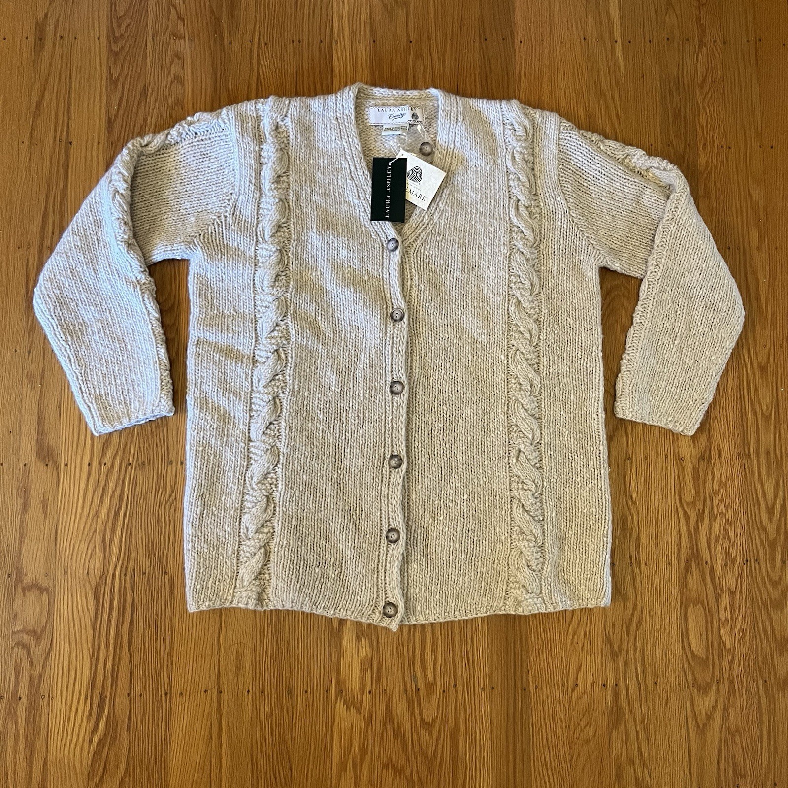 Vintage NWT Laura Ashley Wool Sweater Cardigan Oatmeal Cable Knit Sz Medium