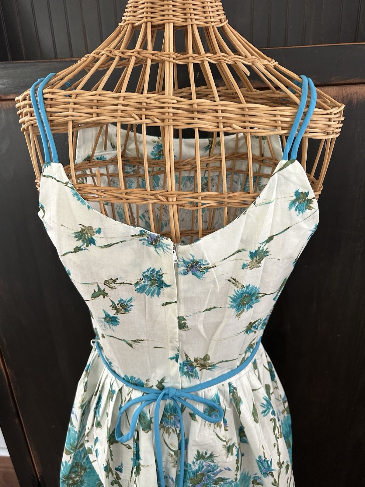 NEVER WORN Vintage TURQUOISE FLORAL DRESS Mid Century 1950s Fitted Flared Dress