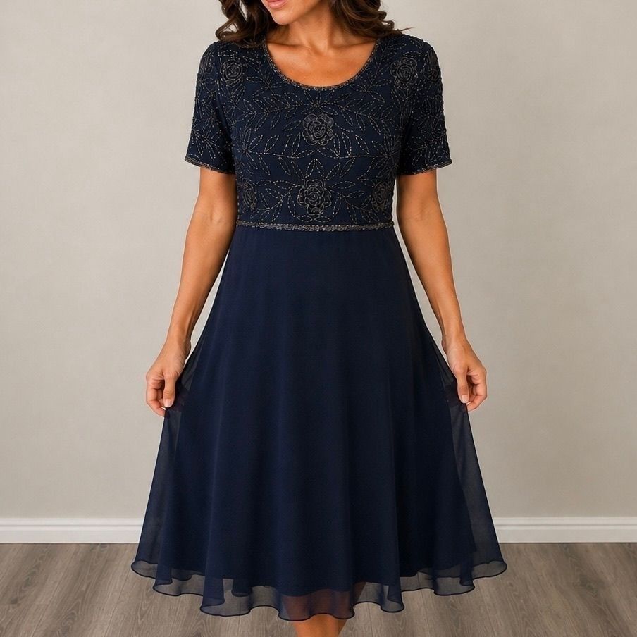 Jessica Vintage Beaded Chiffon Cocktail Party Dress Navy Blue Floral