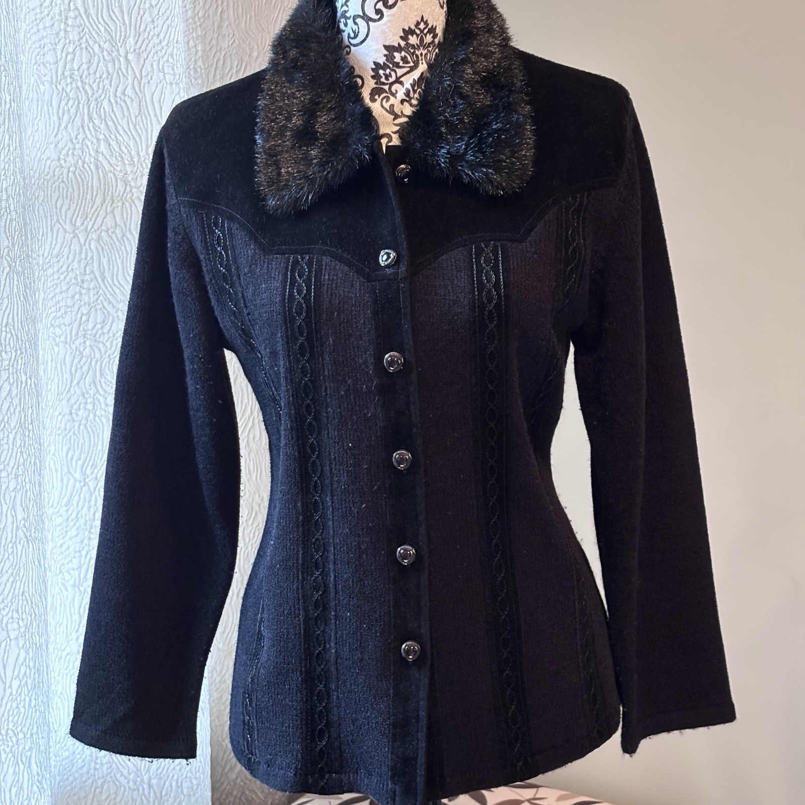 Vtg Gizel Western Chic Sweater Jacket Faux Fur Collar Embossed Braid Stitching