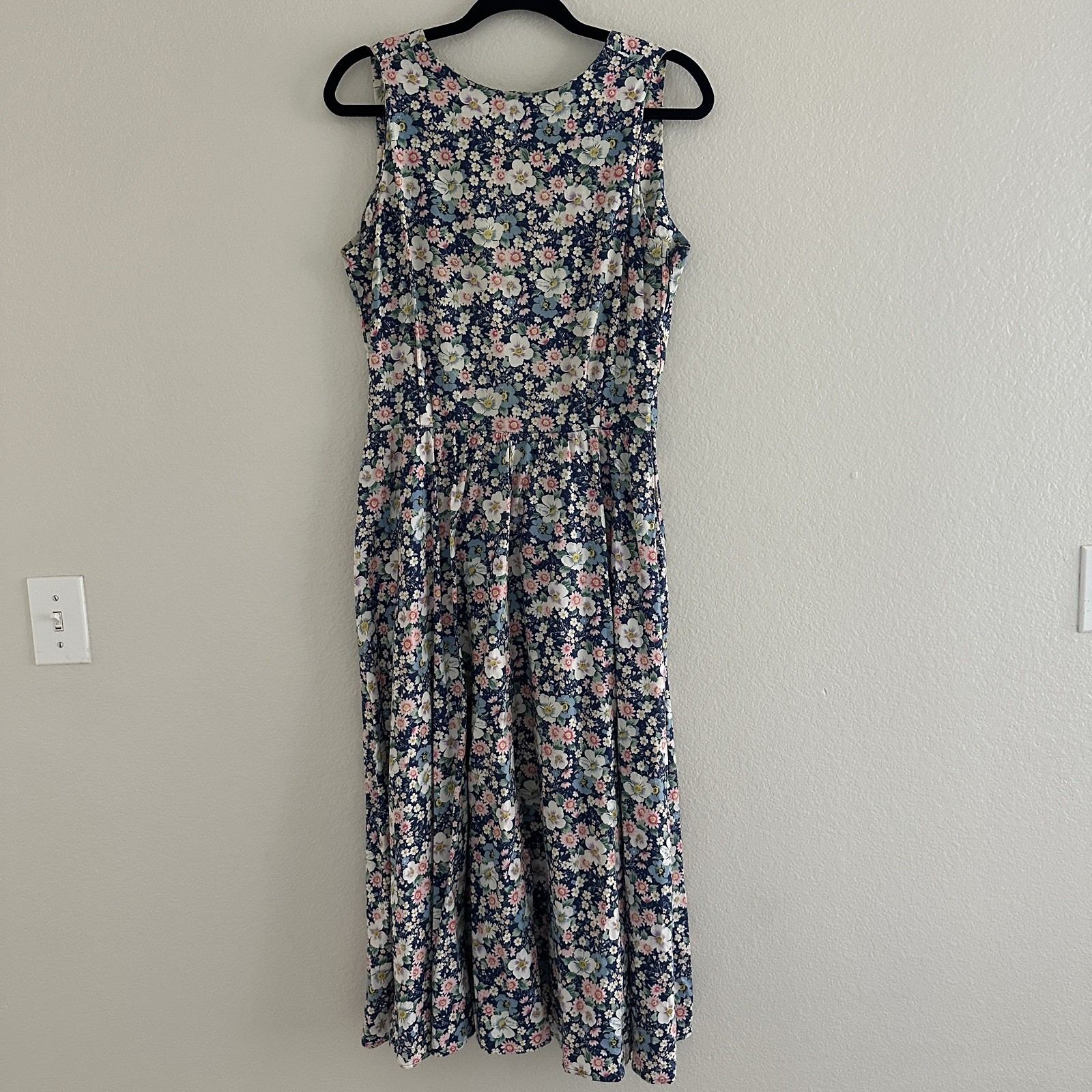 Vintage 80s Dress Large Sundress Floral Print Cotton Fit Flare Cottagecore