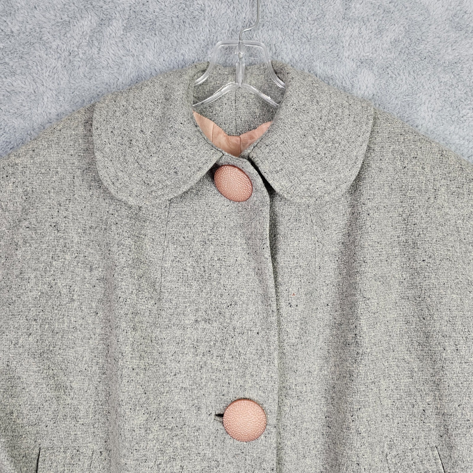 Vintage 50s Swing Coat Large Gray Wool Tweed Peter Pan Collar Button Up Pockets