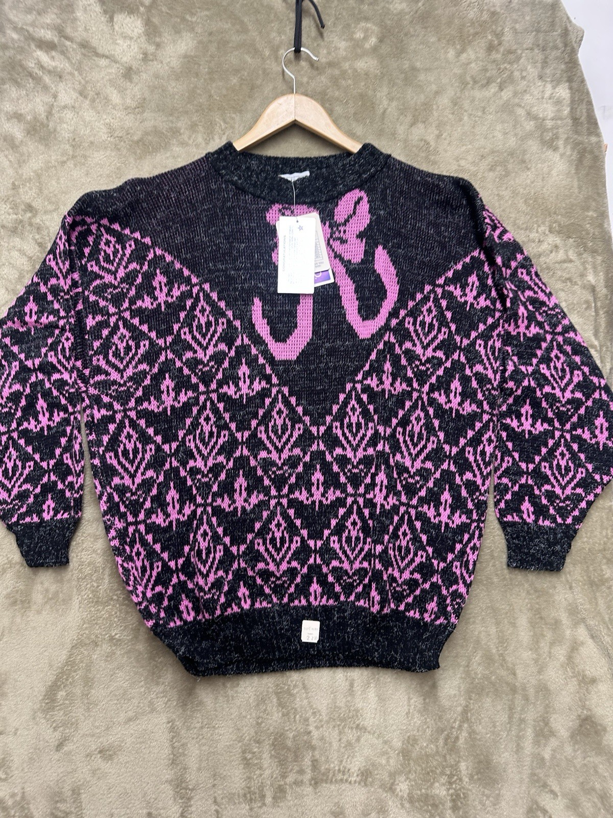 Vintage 80s GFC Sweater Black Purple Sparkle geometric 22W Made in USA Knit