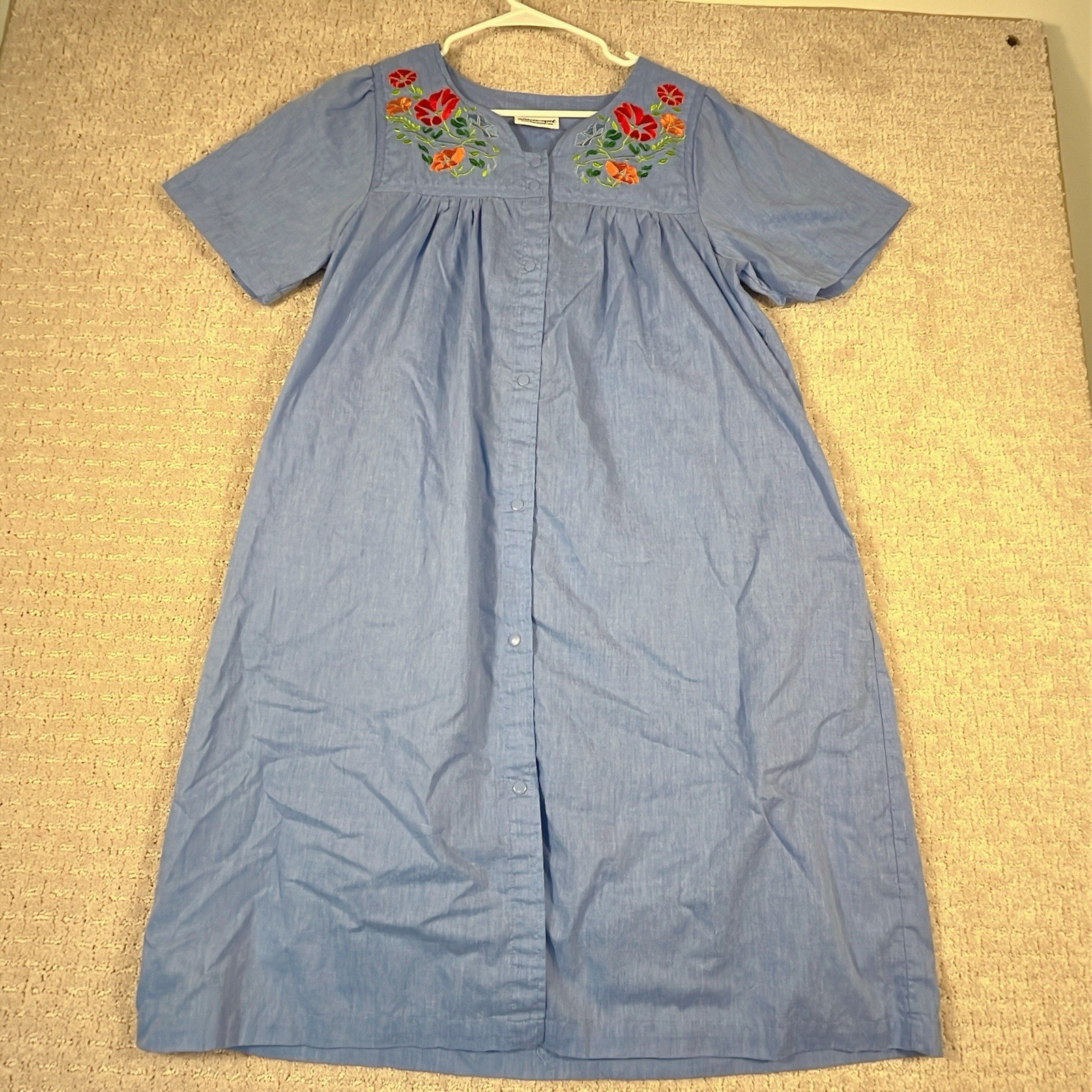 Vtg National Embroidered Floral Granny Nightgown Cottagecore Blue Housecoat Sz M