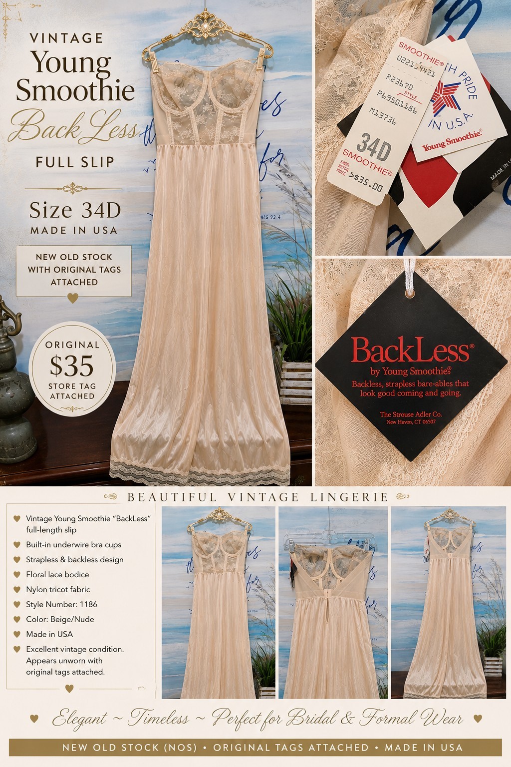 VINTAGE YOUNG SMOOTHIE® « BACKLESS » FULL LENGTH SLIP • SIZE 34DNEW OLD STOCK