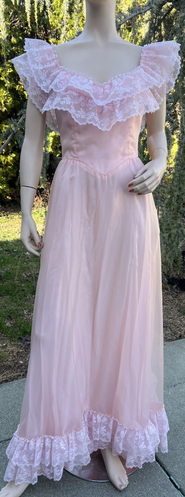 VINTAGE PINK CHIFFON SOUTHERN BELLE MAXI DRESS W/ TRAIN BUSTLE BACK