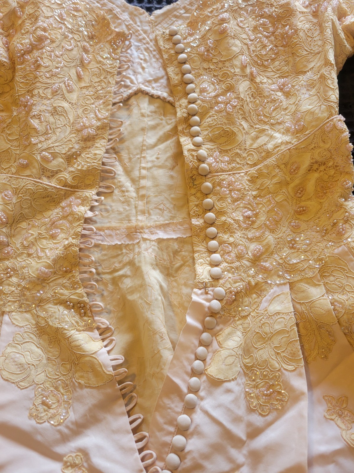 BEAUTIFUL HANDMADE 1920S 1930S NUDE BLUSH BEADED LACE WEDDING DRESS MUST SEE !