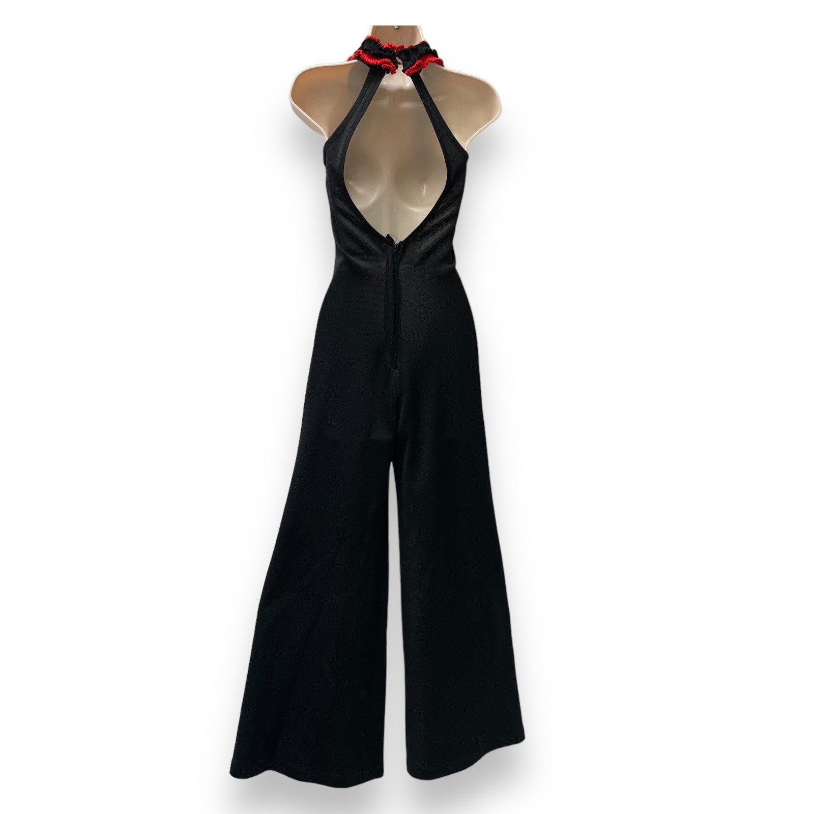 Vintage 70s Black & Red Ruffle Backless Knit Bellbottom Jumpsuit Studio 54 Disco