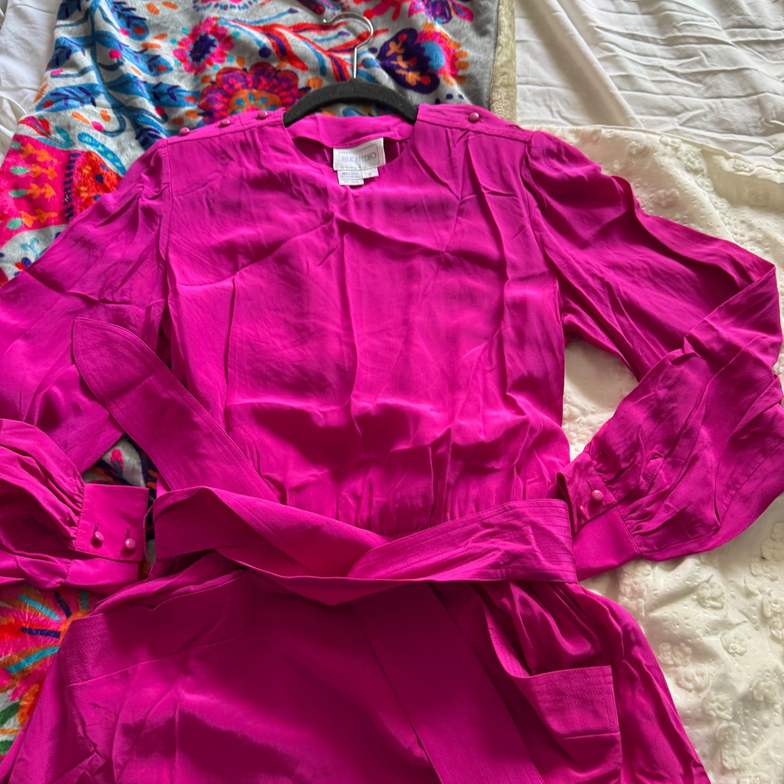 Silk Studio Vintage Fuchsia Pink 100% Silk Long Sleeve Midi Dress Size 8