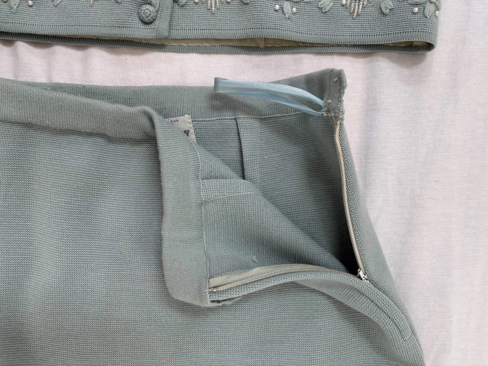 VTG Marshall Fields Skirt Suit Set Womens Large Powder Blue Wool Beaded Pearls
