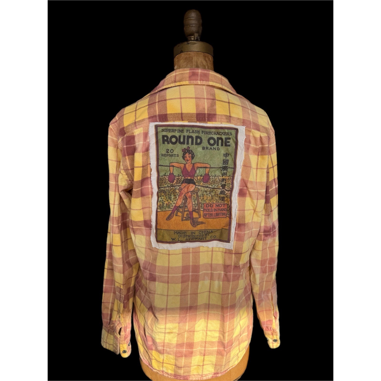 Upcycled Yellow Plaid Flannel Boxer Girl Patch Folk Art Shirt
