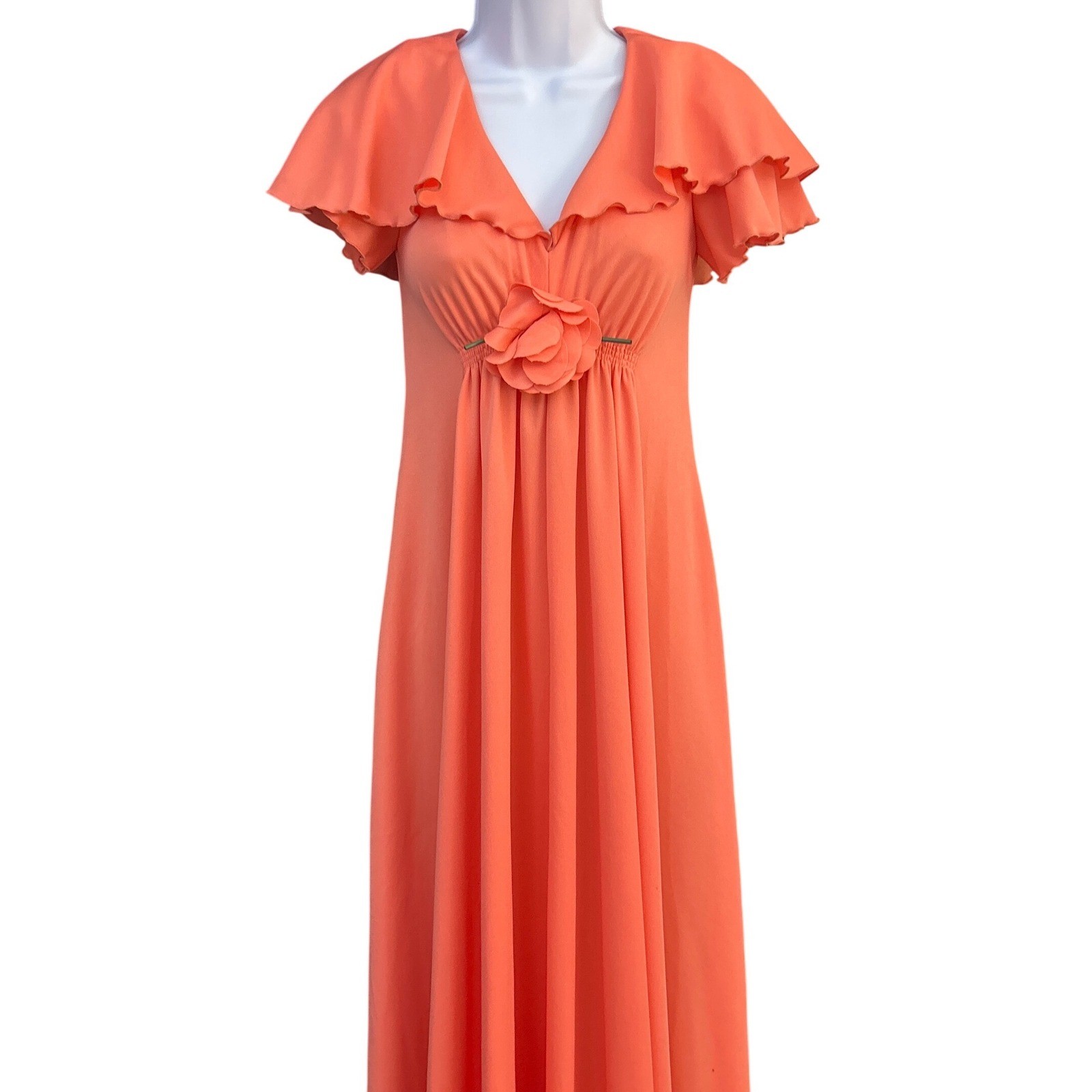 Vintage 70s Coral Orange Romantic Floral Maxi Dress Disco Regencycore Flowy Gown