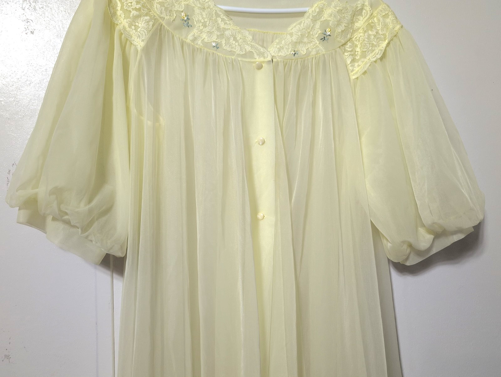Vtg Shadowline Yellow Nylon Lace Chiffon Peignoir Robe Sheer Sz Large