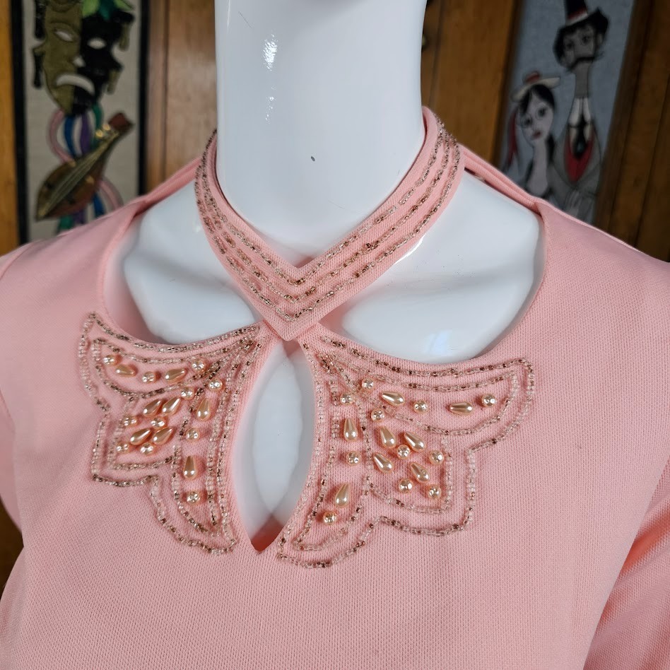 Vtg 70s Mod Bubblegum Pink Beaded Cut Out Neckline Alfred Werber Evening Dress M
