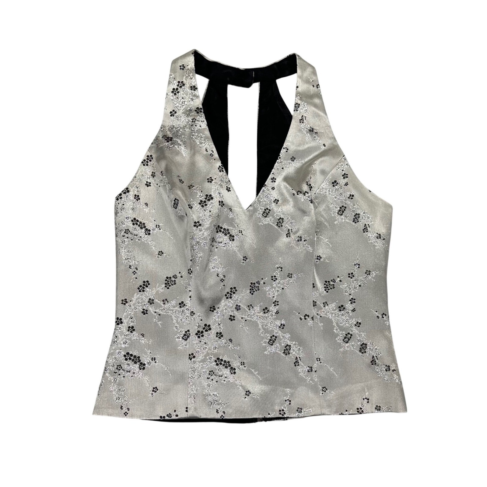 Vintage Silver Floral Brocade Halter Top 90s Y2K Evening Blouse Zip Back