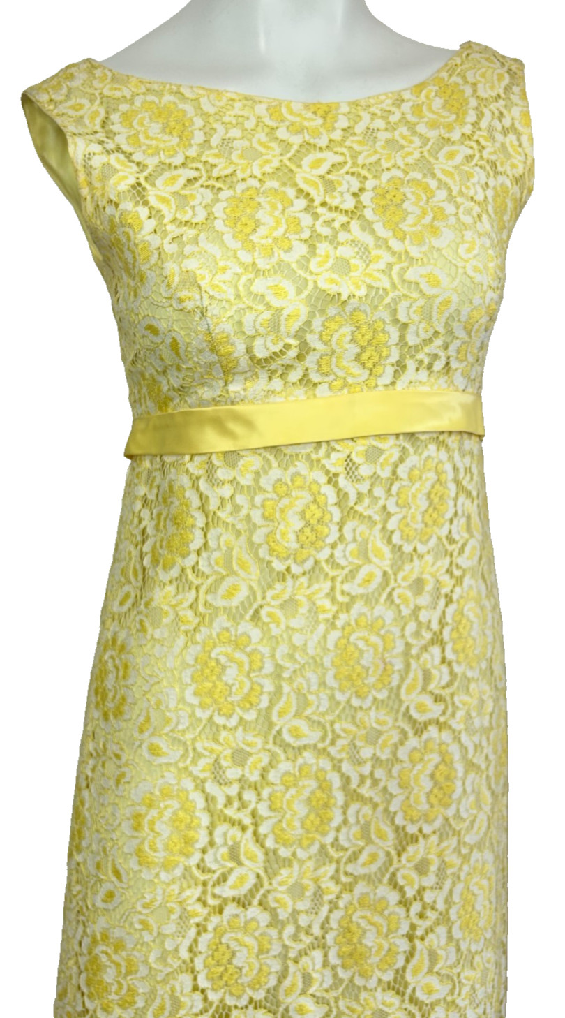50s Lace Column Dress Size Small 4-6 Yellow Bow Backless Sleeveless Vintage VGUC