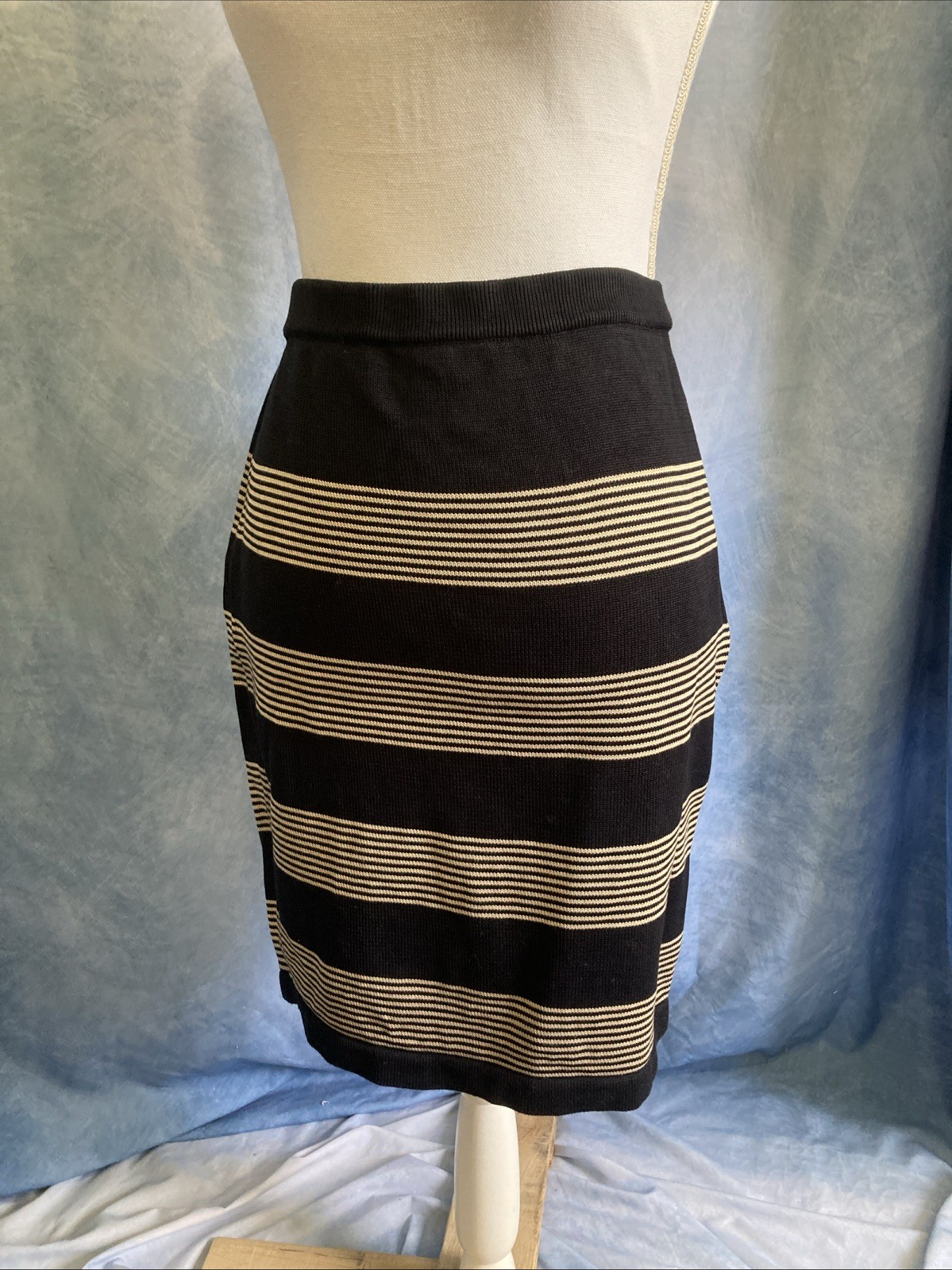 VTG 80s Escada Knit Pencil Skirt West Germany Black Beige Striped Wool Blend 38