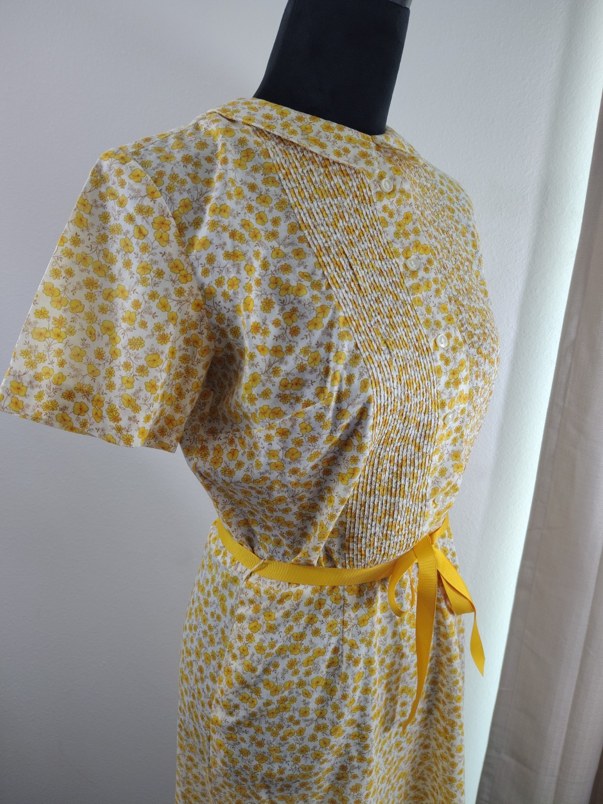Vtg Serbin Of Florida 50s Yellow Floral Cotton Pleated Button Up Day Dress M
