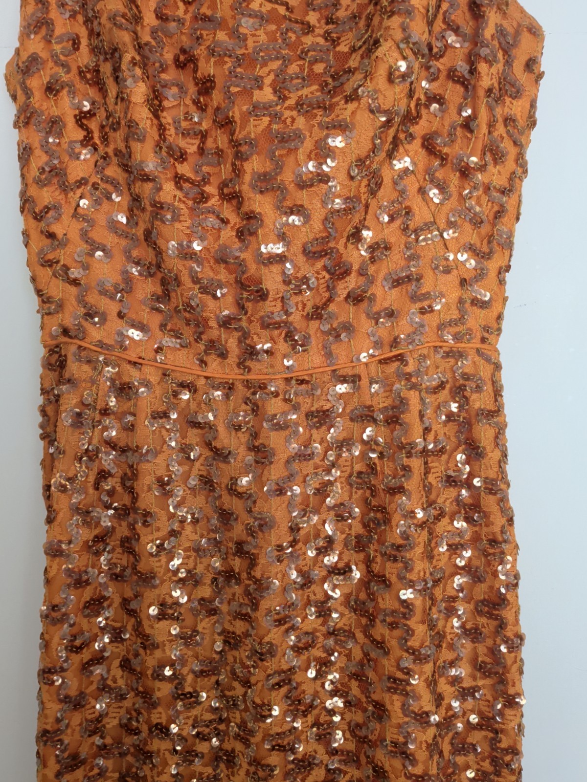 Vintage 60s Mod Burnt Orange Bronze Sequin Dress Column Low Back 36