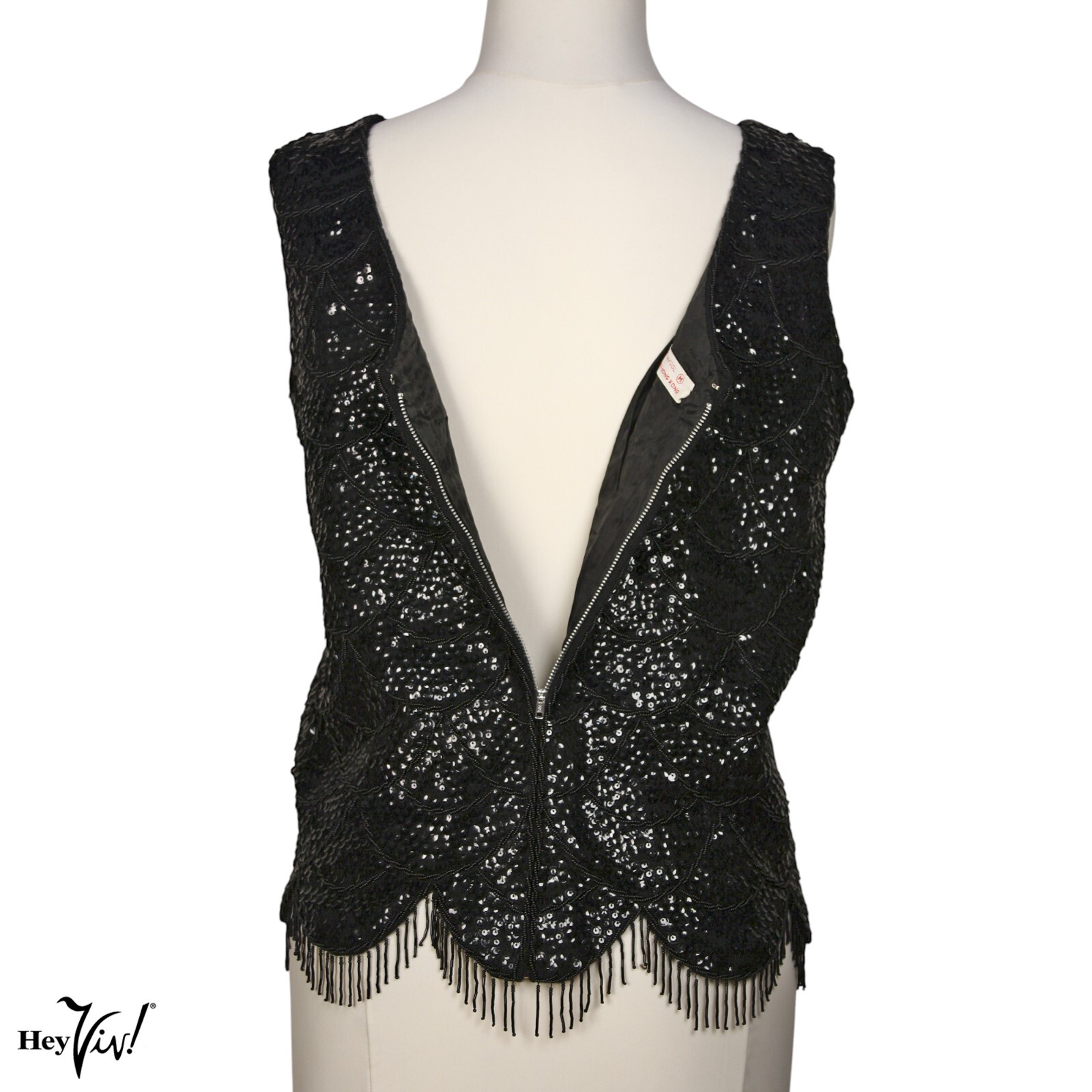Vintage Black Sequin Bead Shell Top Scalloped Fringe Metal Zip B38 W36 – Hey Viv