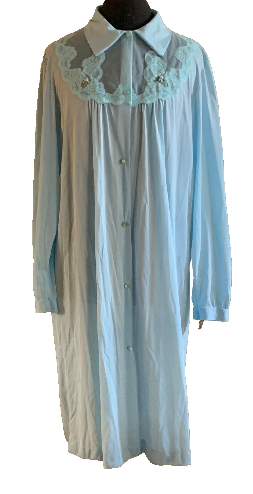 Vtg Blue Nylon Button Front Lace Flowers Robe House Coat Texsheen NEW – Sz L
