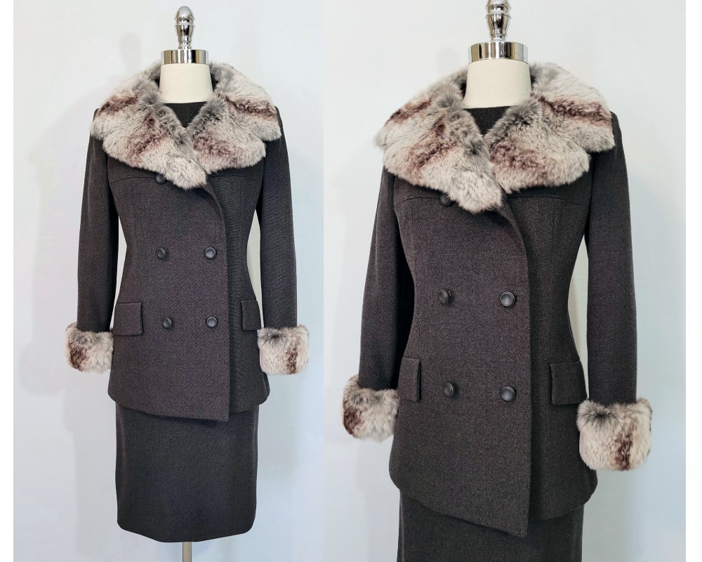 Vintage 60s NEIMAN MARCUS Grey Wool Chinchilla Fur 3 Pc Dress Suit Set XS