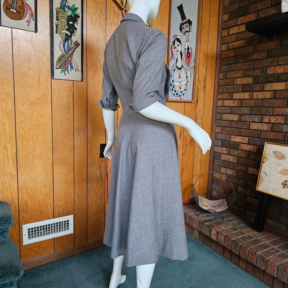 Vtg 40s 50s Wing Cuff Gray Wool Full Skirt Victory Suit Carlye Coat Dress XS/S