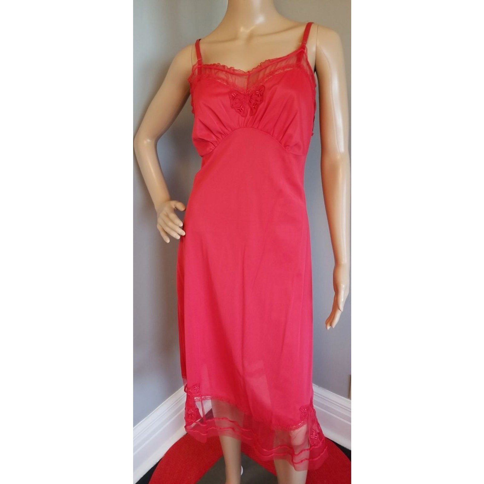 50s Mojud Red Nylon Slip Sheer Bust Hem Full Slip Size – M 36