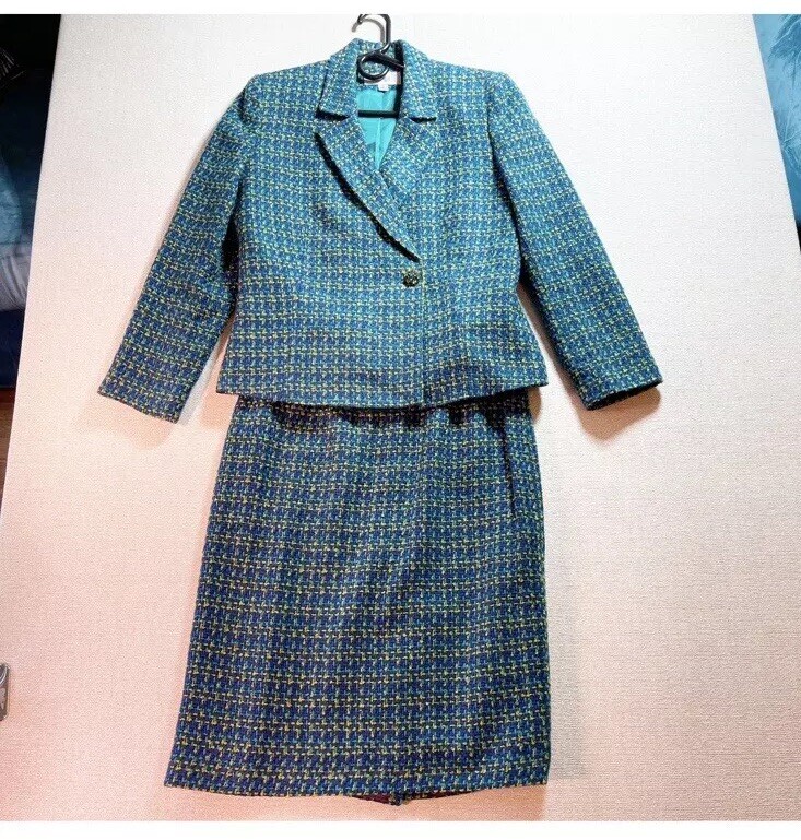 Vintage Le Suit 2 Piece Green Blue Lime Green Plaid Skirt Suit Size 10 Vietnam