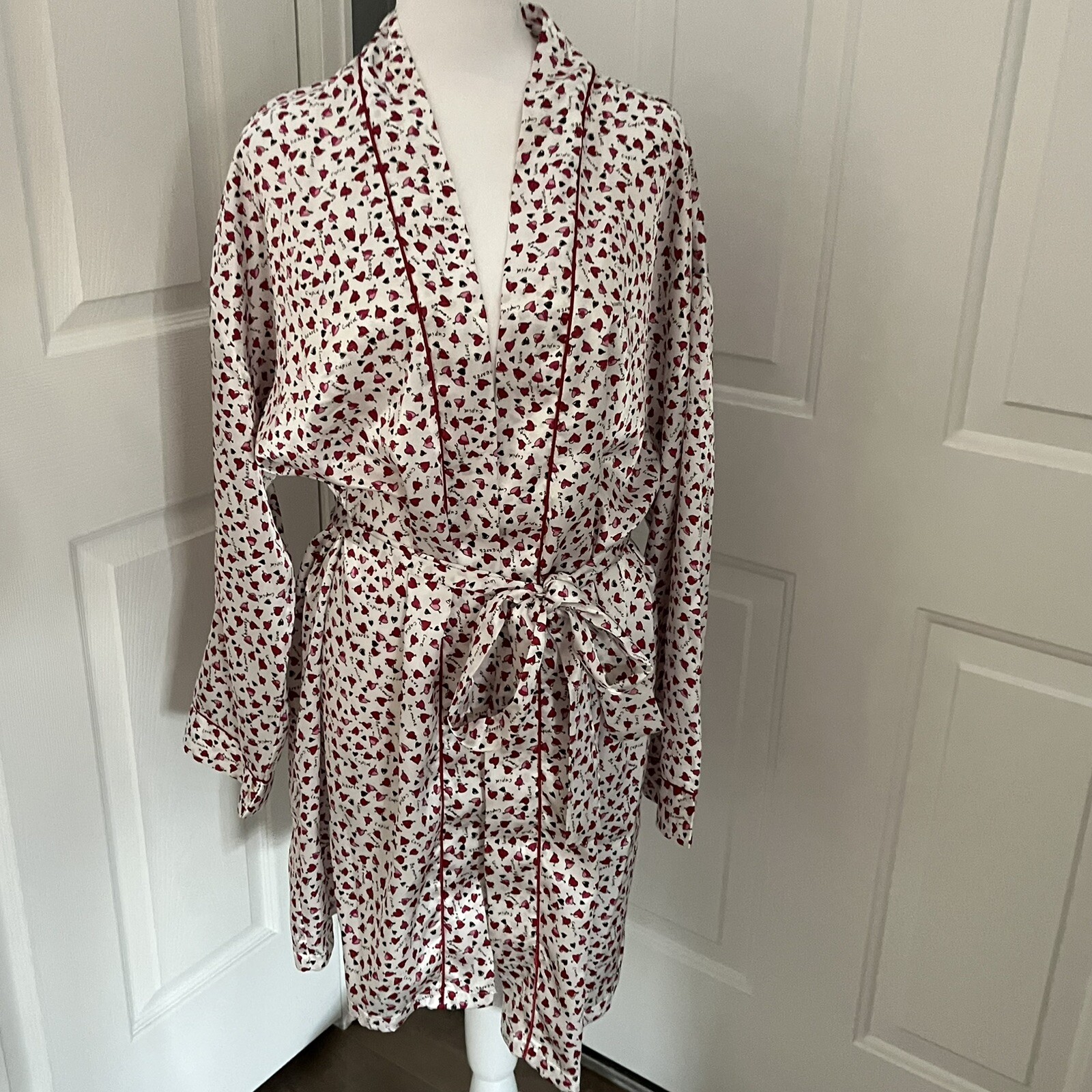 Vintage Kathryn Short Robe Satin Cupid Hearts Love Red White Belted Lounge Read