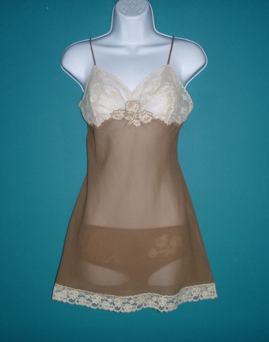 Vtg 60s Bali Fisher Collection Lingerie 2 Pc Sleepwear Set Beige W/ Lace Sz XS/S