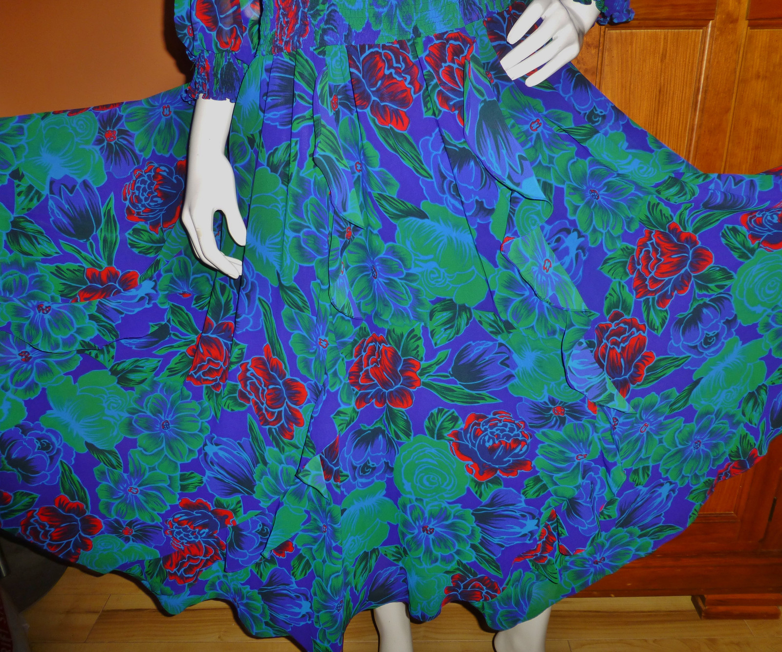 Vtg 80s Floral Georgette Freis Style Sequins Ruffles Boho Hippie GIPSY DRESS XL