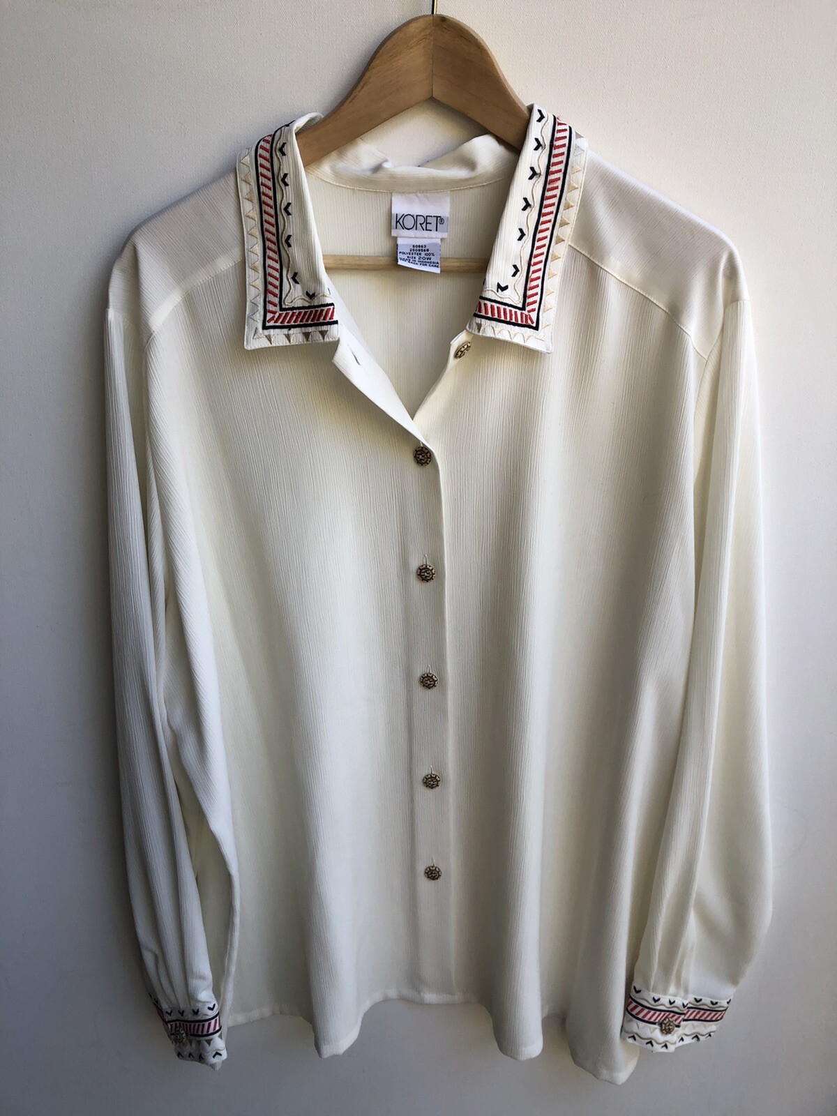 Koret Ivory Embroidered Collar Button-Up Long Sleeve Blouse Top Vintage Size 22w