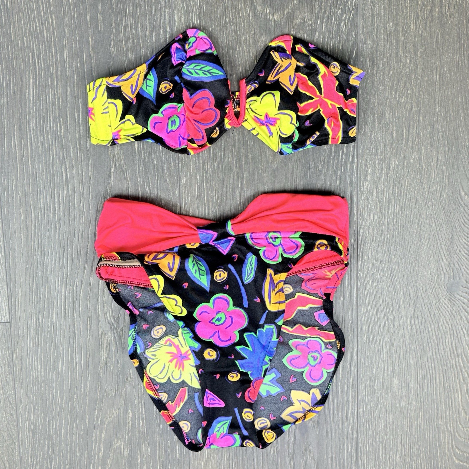 Vtg 90&rsquo;s HOBIE Neon Notch Bandeau Bikini Top & Bottom Sz 5/6 Small MADE IN USA