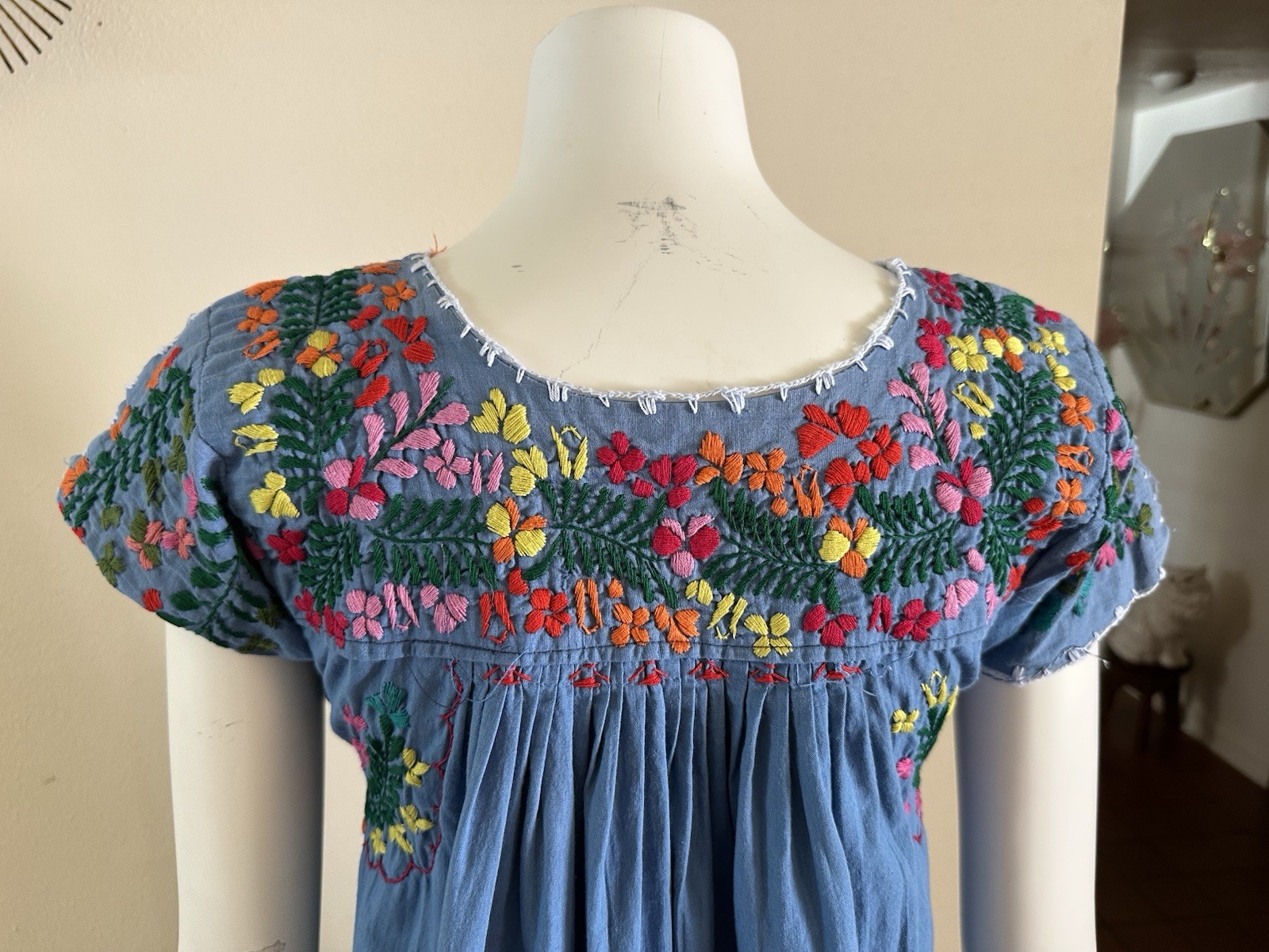 1970s Blue Cotton Oaxacan Mexican Huipil Dress Embroidered Floral Maxi Sz S VTG