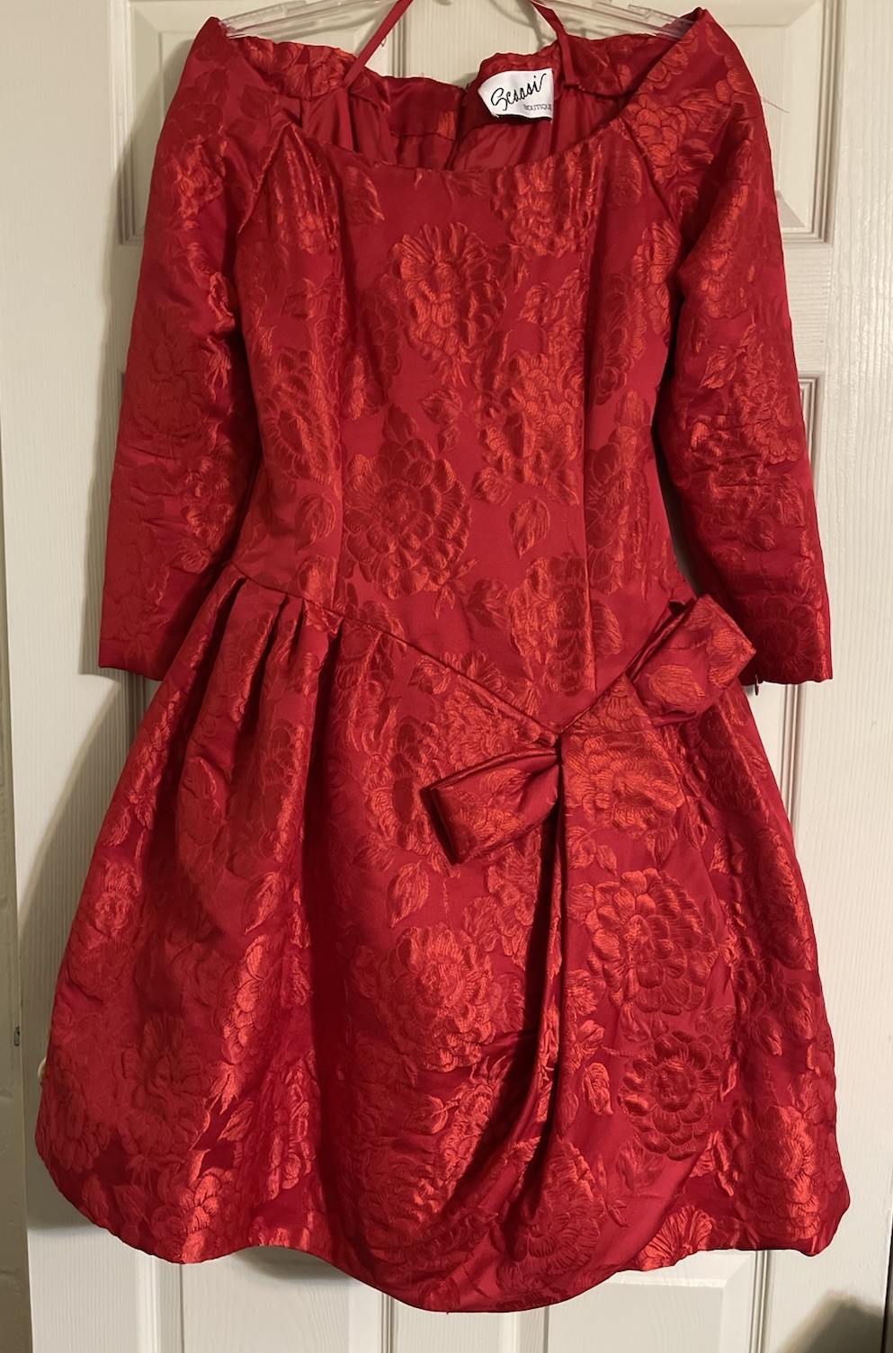 Vtg 80s Scaasi Boutique Cocktail Dress Red Off Shoulder Bow Silk Brocade Sz 12