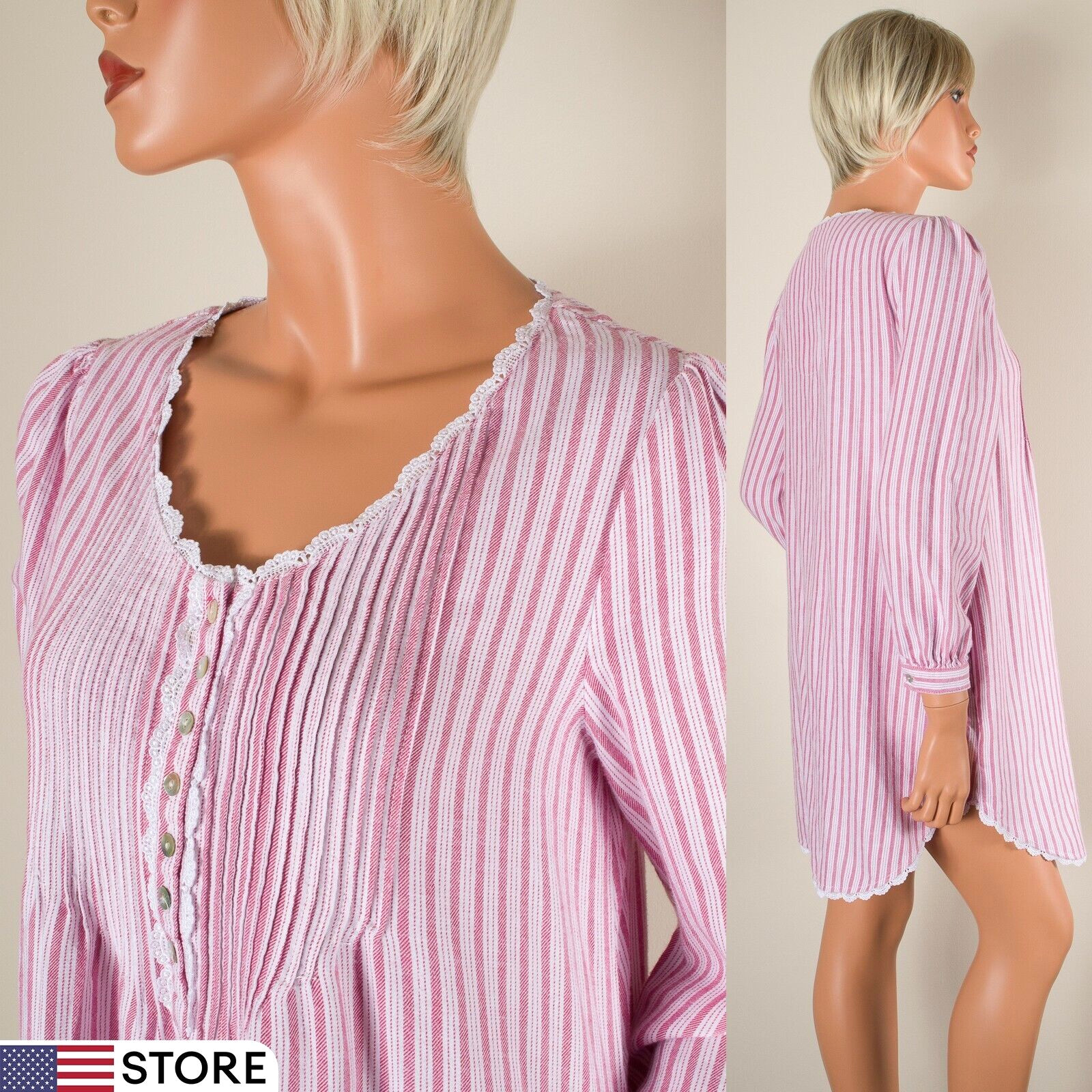 💖 EILEEN WEST Red Pin Striped Flannel Nightgown Long Sleeve Pockets Pintucks XS