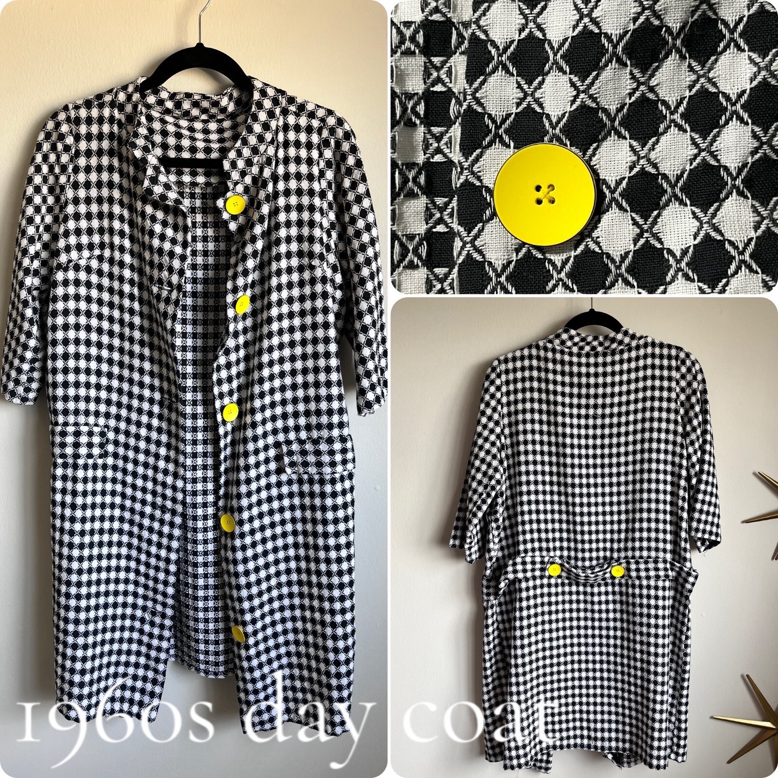 1960s Black and White Diamond Check Day Coat with Yellow Buttons