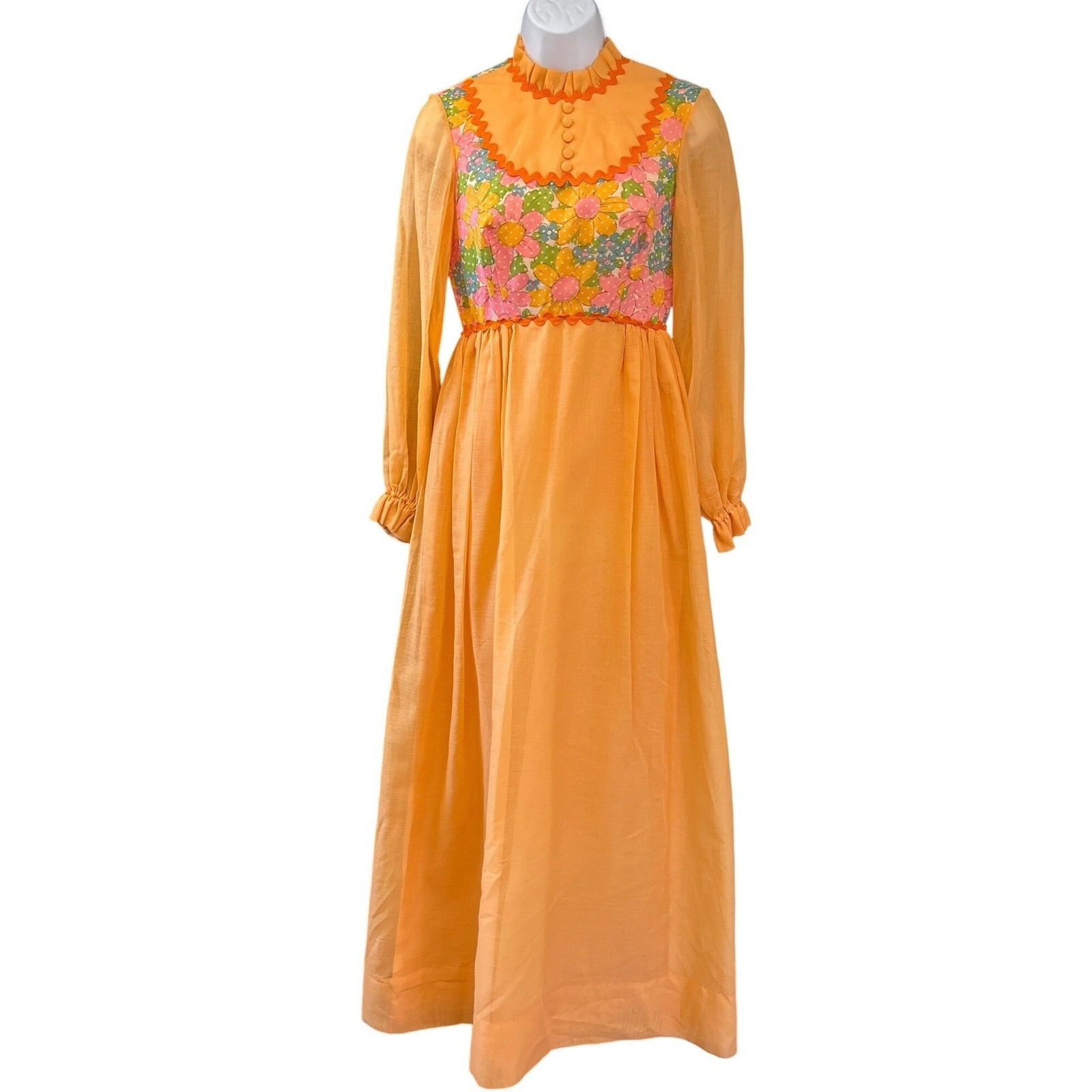 Vintage 70s Prairie Maxi Dress Orange Floral Yoke ILGWU Cottagecore Boho Groovy