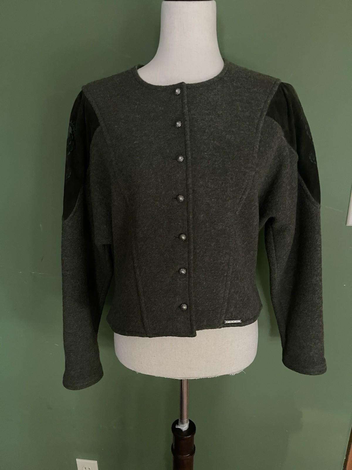Vintage Austrian Wool Jacket Skirt 2 Piece By Geiger Tyrol Green/Black Size 40