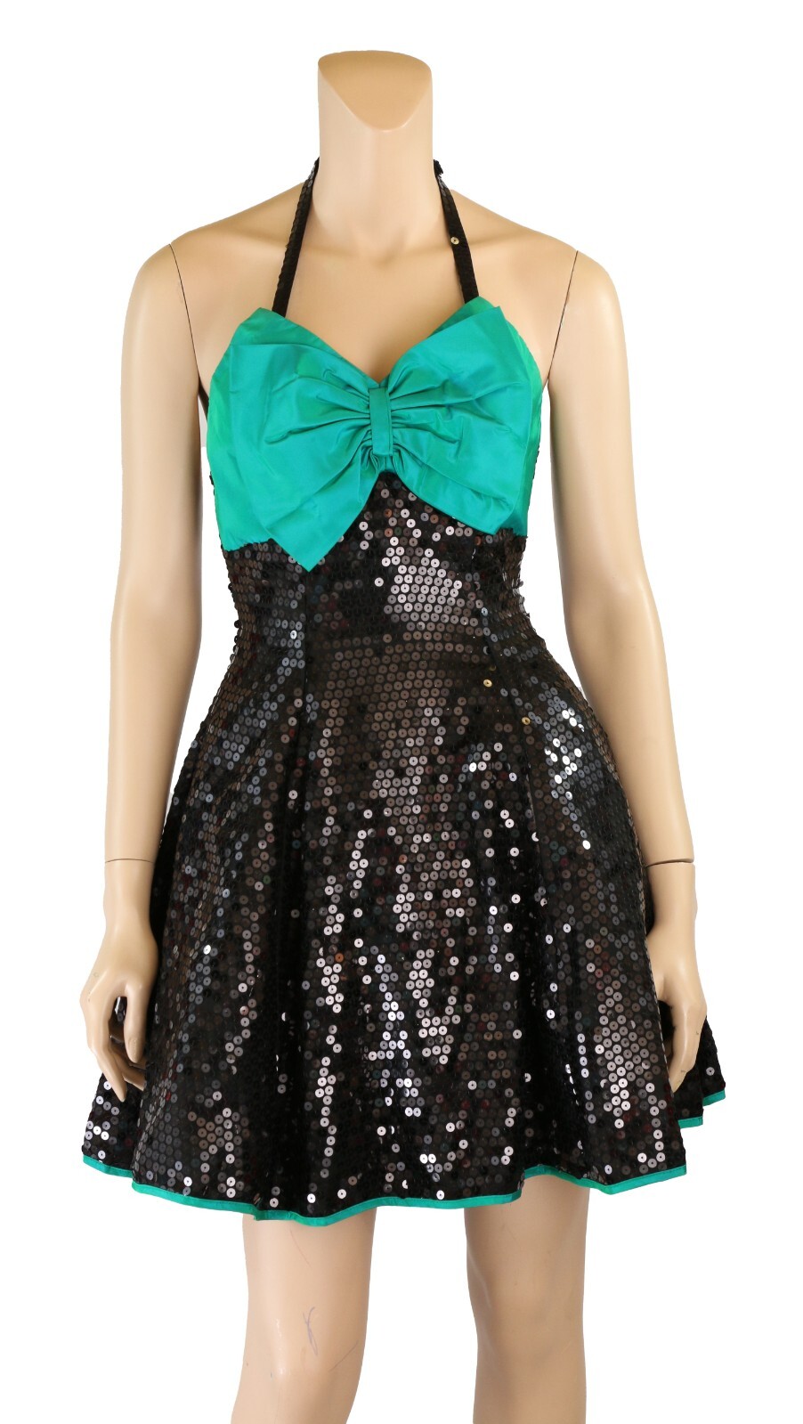 Flirtations Vintage 80s 90s Black Sequin Green Taffeta Party Prom Dress sz 3/4