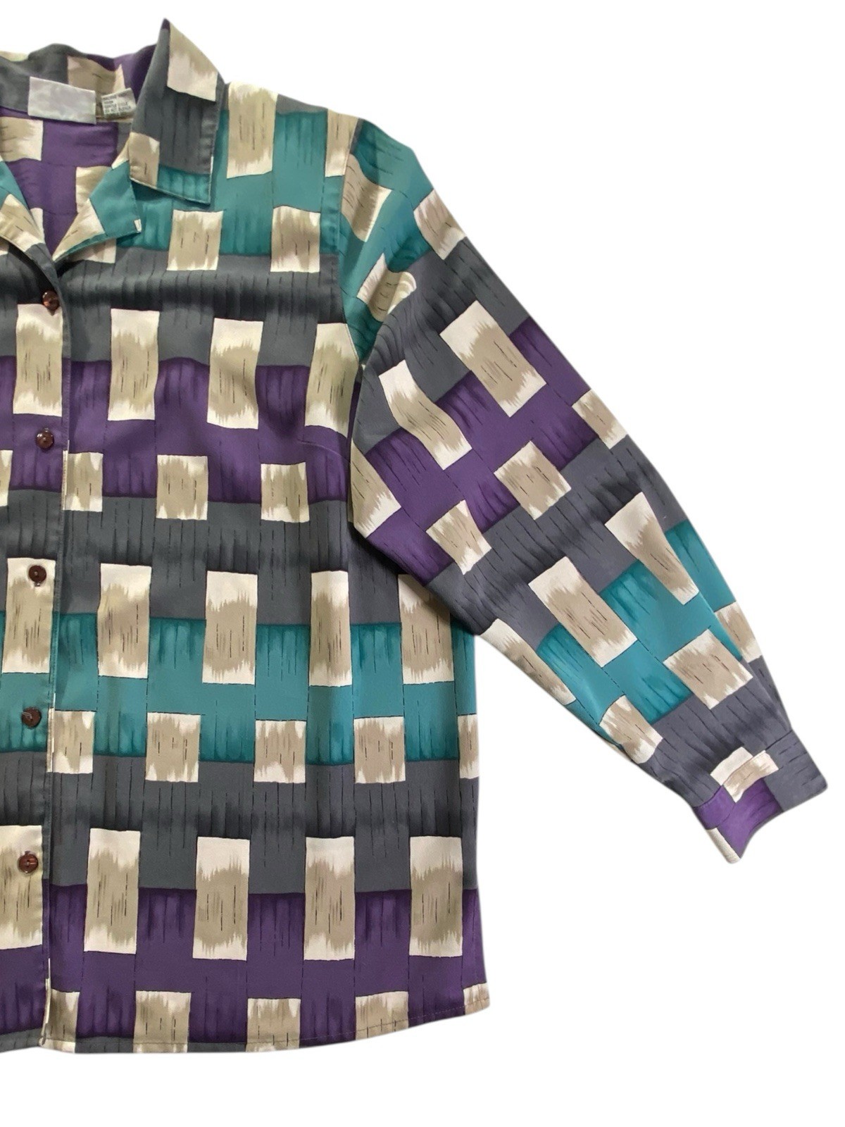 Alfred Dunner Women 18W Geometric Button Up Blouse Purple Teal Beige