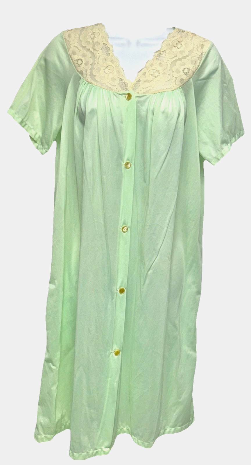 Vintage Philmaid Women Size M Button Up Short Sleeve Nylon Robe Mint Cream Lace