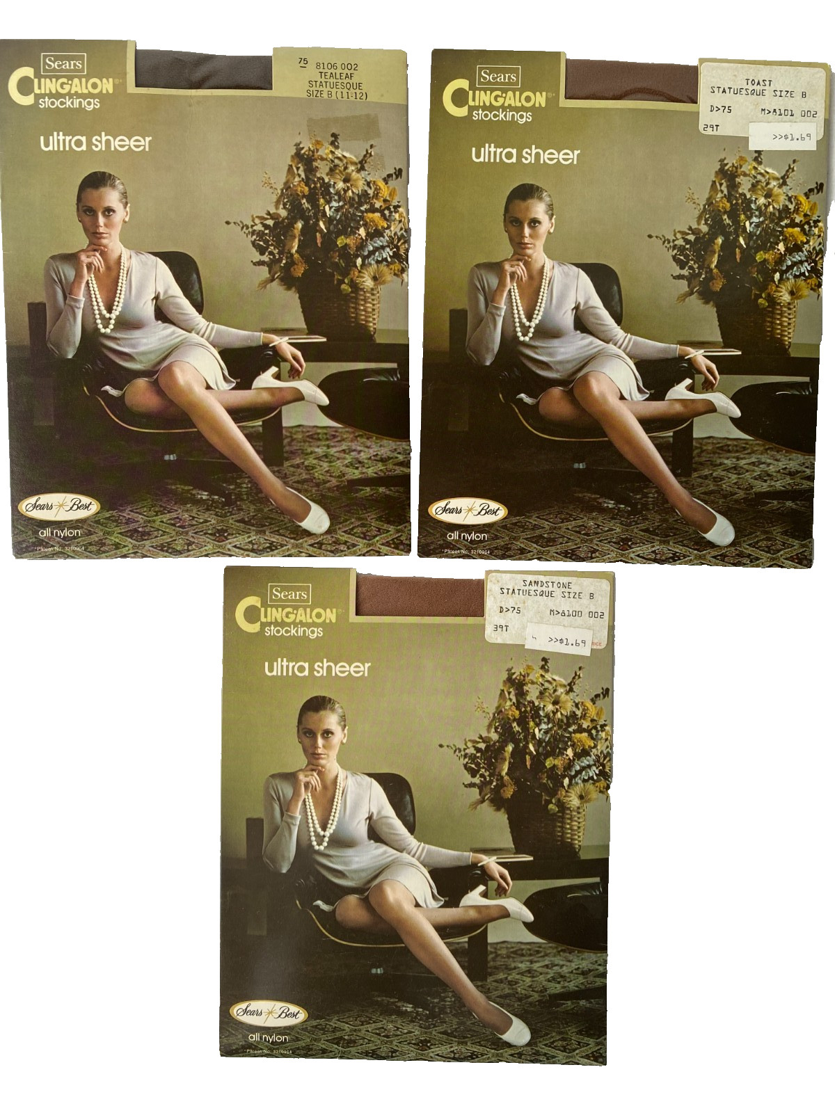 Vtg Sears Cling-Alon Pantyhose Lot of 3 Full Figure Ultra Sheer NOS Tall 11-12