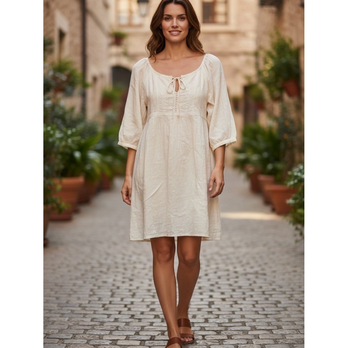 Old Navy Cream Dress with Subtle Crochet Trim tie back