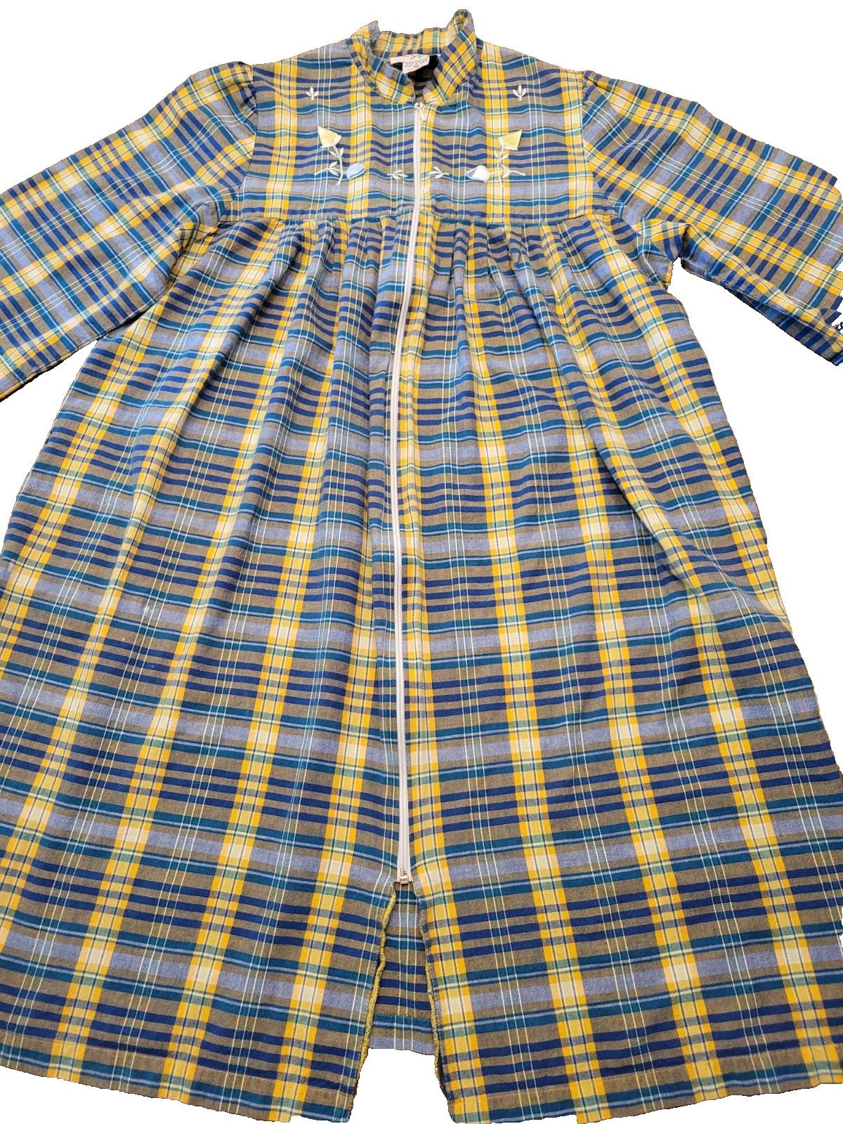 Vtg Coffee Coats By Saybury Women&rsquo;s Blue Yellow Plaid Sz Med Embroidered Floral
