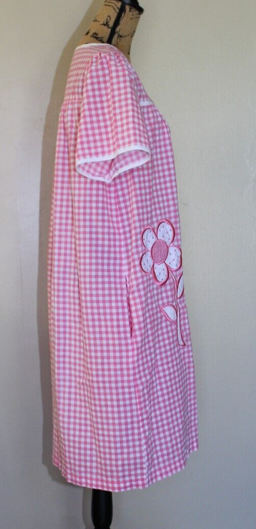 Vintage Pink/White Cotton Gingham Plaid Pearl Snap Flower House Dress Women&rsquo;s M