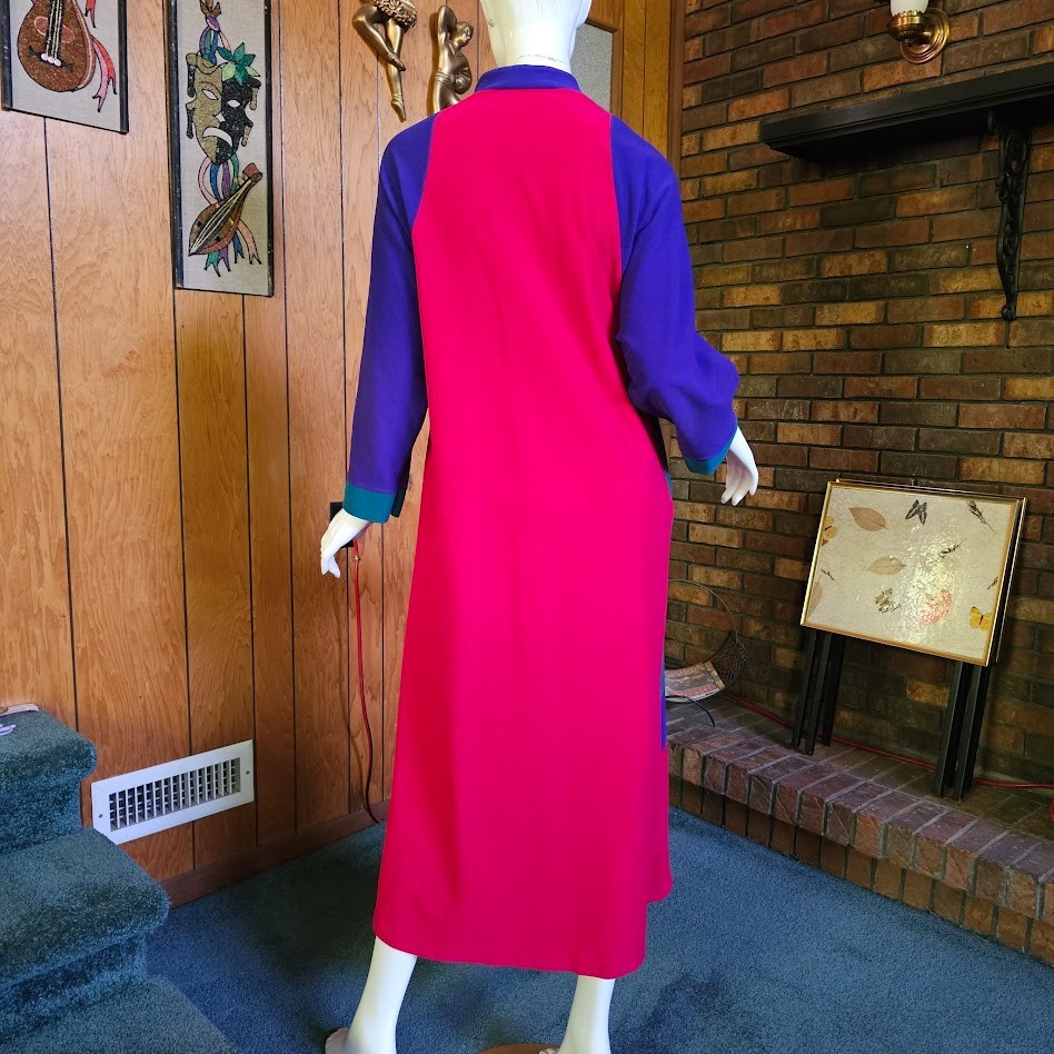 Vtg 80s New Wave Vanity Fair Colorblock Fleece Lounge Maxi Dress Caftan P M/L